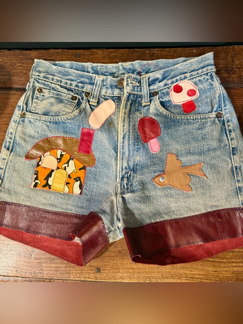 One-of-a-Kind Vintage 1960s/70s Handmade Appliqué Denim Shorts | Leather Trim